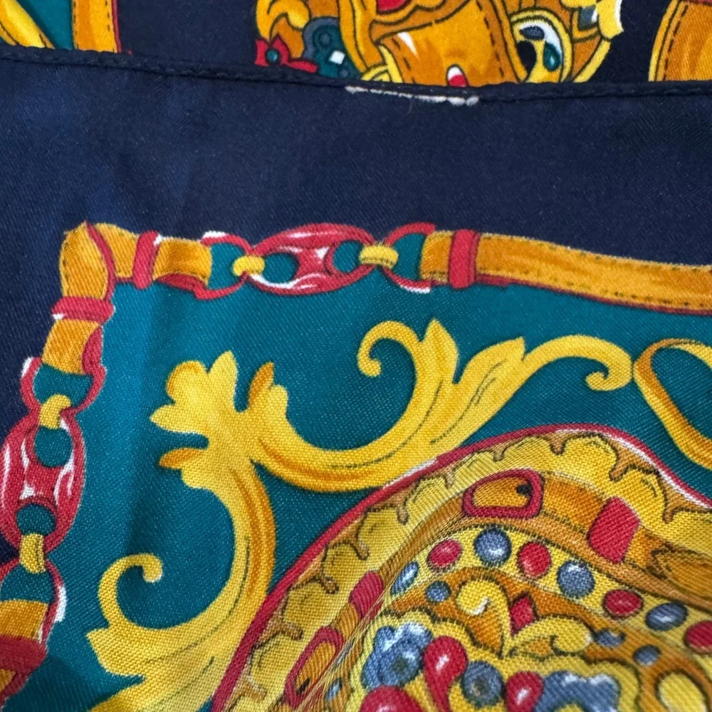 Vintage Equestrian Baroque Chain Print Scarf Navy Teal Gold Silk Like Square